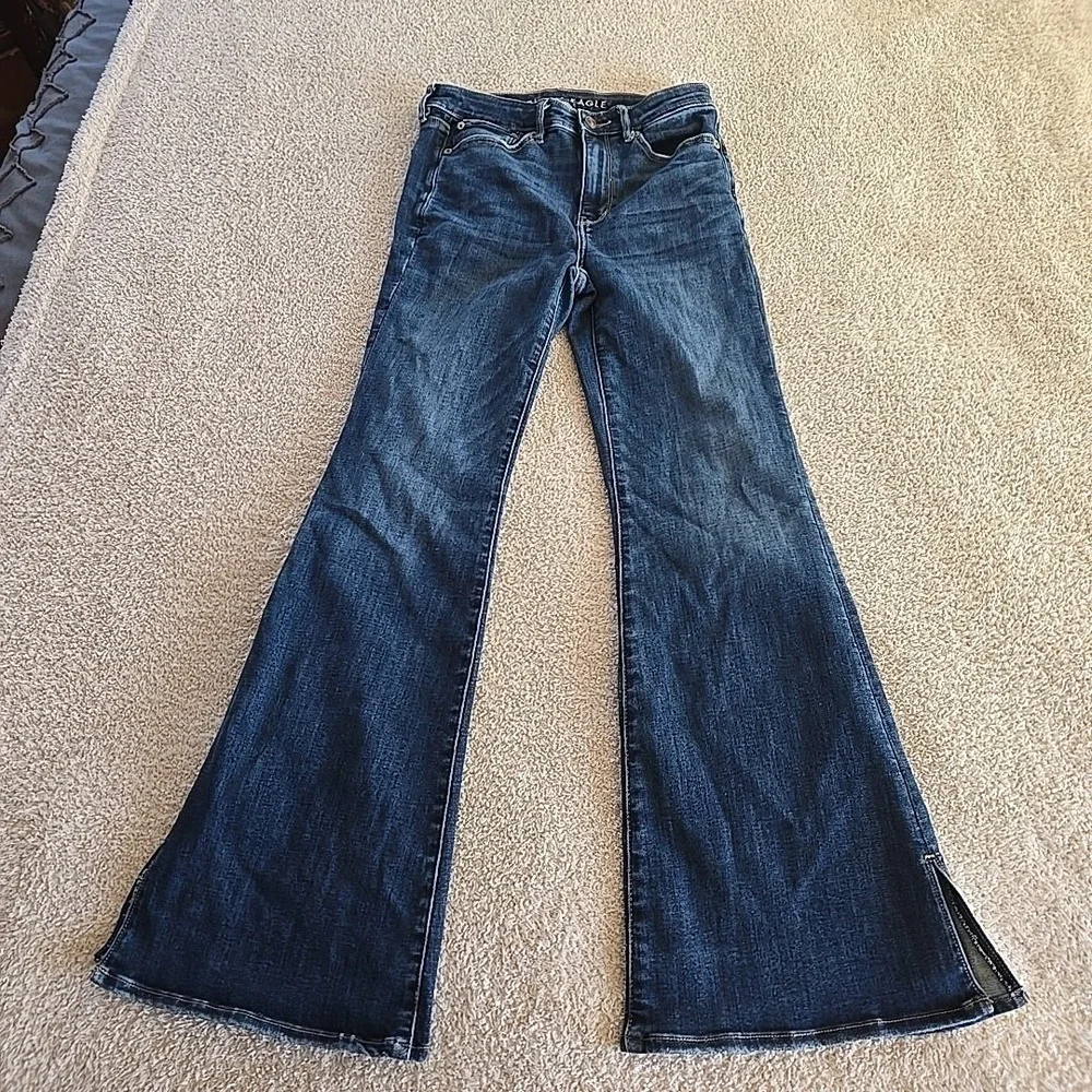 American Eagle Next Level Stretch Super Hi-Rise Flare Dark Wash Denim Jeans Sz 6